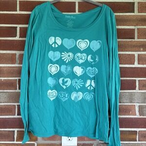 Lucky Tees Green White Hearts Peace Love Long Sleeve T-Shirt Womens Sz L A3160